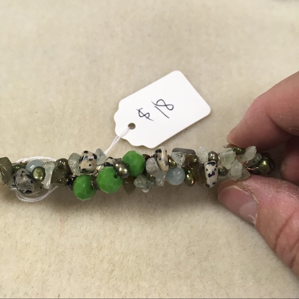 Handmade barrette, green pearls, Dalmatian jasper